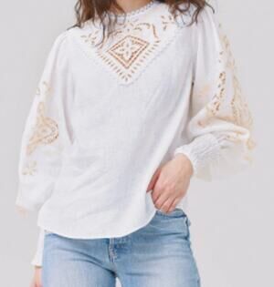 Monarc Anthropologie White Blouse with Embroidery and Cutwork sz M